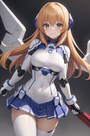 masterpiece,(1girl), mecha_armor, smile,looking at viewer, ((mecha skirt)), mecha wings, (long blonde hair), dropping green eyes, dynamic angle, 
cyberspace_background, weapon girl, mechaloli,