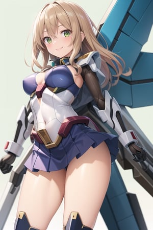 masterpiece,(1girl), (angular mecha_armor), smile,looking at viewer, ((mecha skirt)), mecha wings, long blonde hair,dropping green eyes, dynamic angle, 
basic_background,mechanical,metal,mecha_musume,poakl