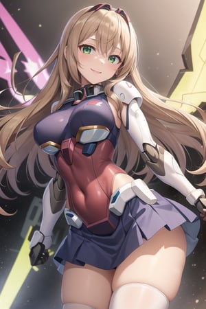 masterpiece,(1girl), (angular mecha_armor), smile,looking at viewer, ((mecha skirt)), mecha wings, long blonde hair,dropping green eyes, dynamic angle, 
basic_background,mechanical,metal,mecha_musume,poakl