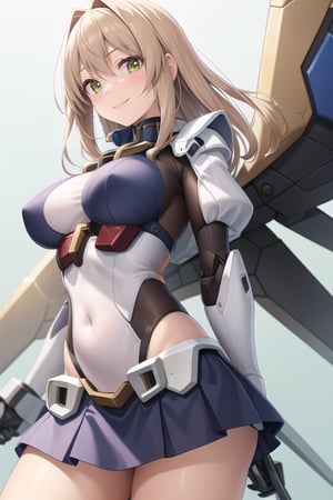 masterpiece,(1girl), (angular mecha_armor), smile,looking at viewer, ((mecha skirt)), mecha wings, long blonde hair,dropping green eyes, dynamic angle, 
basic_background,mechanical,metal,mecha_musume,poakl