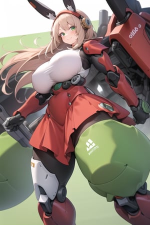 masterpiece,(1girl), (mecha_armor), smile, (massive mecha arms), (massive mecha legs), mecha skirt, mecha wings, long blonde hair,dropping green eyes, dynamic angle, basic_background,poakl