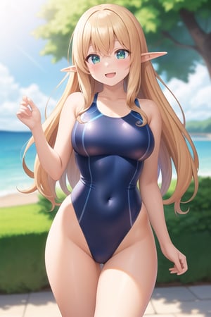 ((masterpiece, best quality)),((masterpiece)), ((best quality)), (ultra-detailed), ((kawaii)), cute, (lovely), ((extremely detailed)),best quality, (beautiful), a cute girl, 1girl, solo, ((elf )),beautiful blond hair, beautiful green eyes, ((beautiful eyes)), long hair, smile, (swimsuit), seaside,