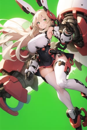 masterpiece,(1girl), (mecha_armor), smile, (massive mecha arms), (massive mecha legs), mecha skirt, mecha wings, long blonde hair,dropping green eyes, dynamic angle, basic_background,