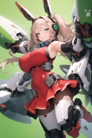 masterpiece,(1girl), (mecha_armor), smile, (massive mecha arms), (massive mecha legs), mecha skirt, mecha wings, long blonde hair,dropping green eyes, dynamic angle, basic_background,