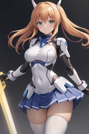 masterpiece,(1girl), mecha_armor, smile,looking at viewer, ((mecha skirt)), mecha wings, (long blonde hair), dropping green eyes, dynamic angle, 
cyberspace_background, weapon girl, mechaloli,