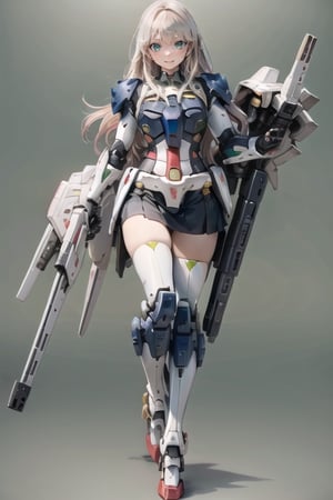 (masterpiece), (best quality), (ultra-detailed), cute, (lovely), (beautiful),1girl, solo, long blond hair, dropping  green eyes, ((beautiful eyes)), smile, looking at viewer, full body, mechamusume, (mecha armor), (mecha skirt), (green armor), holding a rifle, ((black background)),mecha_musume