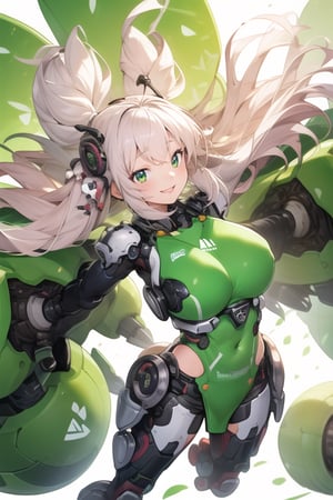 masterpiece,(1girl), (mecha_armor), smile, (massive mecha arms), (massive mecha legs), mecha skirt, mecha wings, long blonde hair,dropping green eyes, dynamic angle, basic_background,