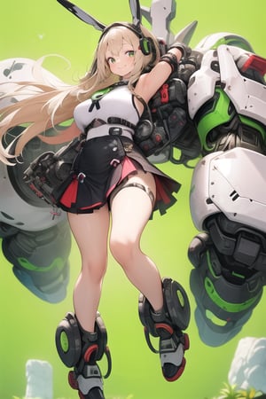 masterpiece,(1girl), (mecha_armor), smile, (massive mecha arms), (massive mecha legs), mecha skirt, mecha wings, long blonde hair,dropping green eyes, dynamic angle, basic_background,