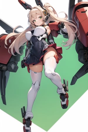 masterpiece,(1girl), (mecha_armor), smile, (massive mecha arms), (massive mecha legs), mecha skirt, mecha wings, long blonde hair,dropping green eyes, dynamic angle, basic_background,poakl