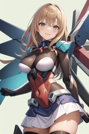 masterpiece,(1girl), (angular mecha_armor), smile,looking at viewer, ((mecha skirt)), mecha wings, long blonde hair,dropping green eyes, dynamic angle, 
basic_background,mechanical,metal,mecha_musume,poakl