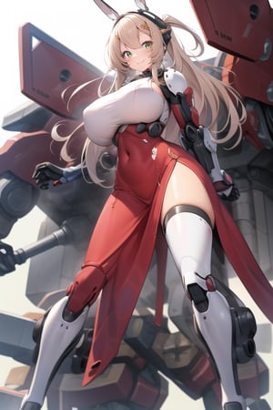 masterpiece,(1girl), (mecha_armor), smile, (massive mecha arms), (massive mecha legs), mecha skirt, mecha wings, long blonde hair,dropping green eyes, dynamic angle, basic_background,poakl