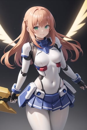 masterpiece,(1girl), mecha_armor, smile,looking at viewer, ((mecha skirt)), mecha wings, (long blonde hair), dropping green eyes, dynamic angle, 
cyberspace_background, weapon girl, mechaloli,