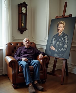 Candid image, photography, natural textures, highly realistic light, editorial, Scene in a sophisticated, in  room with white walls, a old pendulum clock hanging an the wall, old furniture,featuring a brown leather chesterfield armchair. A 80-year-old man of european descent rests on the armrest in a dark purple flanell  shirt, blue jeans, and brown slippers with tennis socks, her legs alongside the chair. An easel beside her holds a refined painting  of himself as a 20 year old man with short blond hair and leather jacked, vibrant colors, saturated, professionally color graded visual, scandinavian vibe, diffused pale light, medium body shot, mid distance subject wide shot