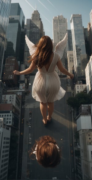 ((from above view: 1.2)), back shot, perspective shot ,foot focus, sundown light,( a red hair angel with cute angel wings, perfect female body, translucent angel dress), Amidst the skyscrapers of Manhatten New York,More Detail