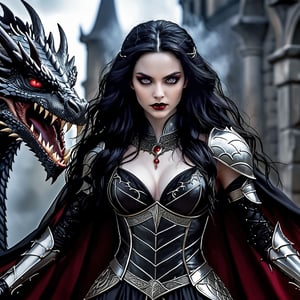 A dramatic shot of a mysterious female vampire (ful body shot), Long, raven-black hair cascades down her pale skin like a veil of night. Her eyes gleam with an otherworldly intensity as she regards the viewer with an air of ancient wisdom. (In place of feet, razor-sharp dragon claws protrude)(foot focus)),((tries to grab a man in armor with her claws)) ,flexing with a mesmerizing rhythm. The atmosphere is heavy with foreboding and mystery.,more detail XL