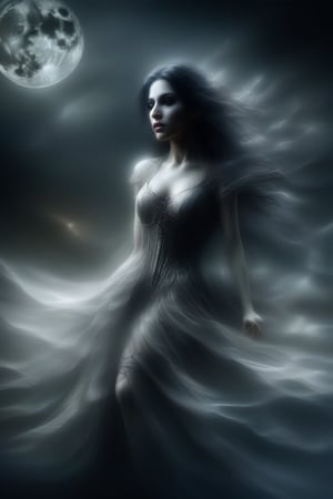 In a mist-shrouded cemetery, bathed in the eerie glow of a full moon, a 20-year-old gothic girl stands tall, her dark hair wild and untamed. Delicate features illuminated by soft light, pale skin absorbing the faint lunar glow as if born from shadows themselves. The dress with  deep neckline to belly button, slit showing left leg, hugs her curves. Stefan Gesell-inspired brushstrokes evoke dark fantasy artistry where reality meets horror. Eyes gleam like lanterns in darkness, radiating otherworldly intensity.,DonMB4nsh33XL 