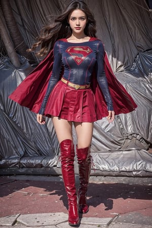 1girl, long blonde hair,supergirl,wearing Supergirl's blue tight uniform,perfect,red Boots higher than knees,Red miniskirt,Red long cape,full body,Bright colors,Bright red Boots, red miniskirt,Huge chest,Boots over the knee,Clothes are tied to skirts,Red miniskirt,Female model posen,Red over-the-knee pointed high-heeled boots,full body,flying in the sky,full body,tall girl,long boots,Red long cape,Boots longer than legs,Chinese supergirl,18years old,Don't show belly,Extremely long tip boots,red skirt,full body,supergirl's tight suit,Don't show knees,Knees wrapped in boots,strong girl,Pointy high-heeled boots,thin high heels,Uniforms and skirts are connectedUniforms and skirts are connected,Don't show your stomach,red skirt,full body,Extra long red boots,Golden Supergirl Belt,One-piece tight uniform
,Show the outline of the muscles,Red miniskirt and long cape,Boots must be over the knee,Integrated coats,Golden Supergirl Belt,Red miniskirt,Full of muscles,Tall and strong,Sexy,Full of muscle beauty,red dress,The skirt must be red.