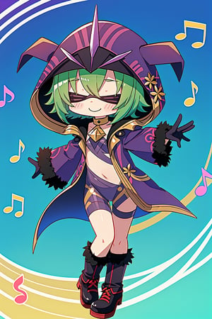 1girl, ((chibi)), standing, flame, smile, (dancing),  (music notes),electrocicin, green hair, short hair, eye mask, covered eyes, hood, hooded cloak, purple leotard, fur trim, long sleeves, gloves