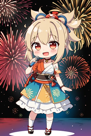 1girl, ((chibi)), standing, cheerful, smile, (singing), ((fireworks)),yoimiyadef