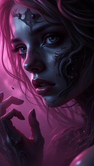 In this cinematic masterpiece, a phantasmagorical woman's silhouette materializes against a backdrop of black on white smoke layers, bathed in vibrant neon glow. Her anime-inspired portrait radiates sadness and menace, with intricately detailed features that seem to leap from the canvas. Her eyes, pools of crystal clear clarity, convey depth of sorrow and calculation. Finely detailed, ultra-detailed, high-res, absurdly resolute, her cute delicate face is framed by cinematic lighting, casting a best shadow. Beautifully detailed nose complete the portrait. The air thick with horror and nightmare fuel as this sadistic woman's form seems to writhe in agony, her existence a testament to blurred lines between sci-fi fantasy and darkest reality.