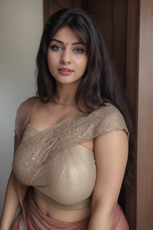 (masterpiece, best quality, ultra-detailed, 8K),high detail, realisitc detailed, a beautiful young indian girl curvy body with long flowy black hair over shoulders in the dark, wearing a full tight indian lacy net multi color saree fully see through dress in wedding palace tempting manner, blue eyes, pale soft skin, kind smile, glossy lips, a serene and contemplative mood, red lips,hd makeup,Indian,(blue eyes)(temptaation shy manner)