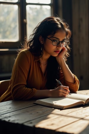 A rustic study scene: An Indian woman sits pensively at an old wooden table, warm sunlight streaming through the window onto her dark hair, now tied back in a neat plait. Her stylish glasses perch atop her nose as she grasps a pen, poised over the open notebook where scattered lines of writing hint at creative endeavors.