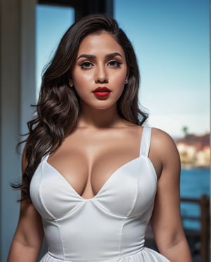 Extremely Realistic, 4K HDR Image, medium shot of a 27 year old beautiful latino lady, long hair, red lips, closed mouth, (busty0.5), (curvy0.5) standing looking foward at the camera in a well cinematic lit epic scene wearing a (lush white dress))

Realistic face, Clear face, accurate face, accurate facial features, beautiful, accurate eyes, detailed eyes, realistic eyebrows, Lifelike eyes, bright eyes, realistic pupils, lifelike lips, realistic nose, smooth facial features, lifelike expression,well-defined features, sharp eyes, 
Clear skin, soft skin, smooth skin, life-like skin texture, natural skin complexion, well-defined body features, accurate body, detailed anatomy, human anatomy, realistic body, accurate proportions, realistic body proportions, accurate muscles, realistic body parts, 

Image Quality & Style

In frame, accurate perspective, vibrant, Sharp, focus, Clear, vibrant colors, vibrant lighting, natural lighting,  natural setting, realism, naturalism, detailed, Natural, realistic, high contrast, natural color contrast, photo, accurate, rich colors, bold, accurate colors, eye-catching, professional, authentic, real, cinematic, photo-perfect, lifelike, accurate details, detailed surroundings, accurate shadows & highlights, accurate lighting, photorealistic, high resolution, ultra detail, hyperrealistic, 4K True HDR, ,Enhanced Reality