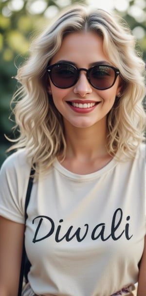 1woman,28 years old,smiling,white long hair,green eyes,round sunglasses,white open t-shirt,(((on the t-shirt,Diwali)))writes(best quality,high level :),(vibrant colors,colour :), (bokeh),(full length portraits), (studio lighting),(ultra fine image),(sharp) focus),(highly detailed eyes, body and face),(detailed lips),(beautiful detailed eyes),( long eyelashes)