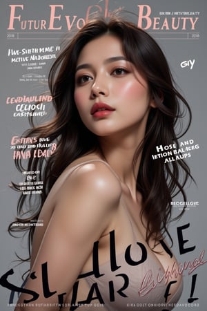 A high-fashion magazine cover featuring a close-up, upper-body shot of a beautiful Japanese female model with an enhanced bust size, confidently posing with elegance. Her sharp yet graceful facial features are highlighted, and she wears a stylish, modern outfit that accentuates her figure while maintaining a sophisticated and polished look. The background is a neutral gray with professional, magazine-quality lighting that enhances her photorealistic skin texture.

Across the cover, bold and stylish magazine text is displayed, including the title in elegant font: **"FuturEvoLab Beauty"** at the top. Other headlines include:
- **"Fashion Forward: The Future of Elegance"**
- **"Secrets to Confidence and Style"**
- **"Model of the Year: Embracing Allure and Power"**

The overall composition combines high-end fashion photography with captivating headlines that frame the model’s pose, drawing attention to her beauty and presence. The cover reflects sophistication, confidence, and modern fashion, with the FuturEvoLabBeautify aesthetic enhancing the visual impact.