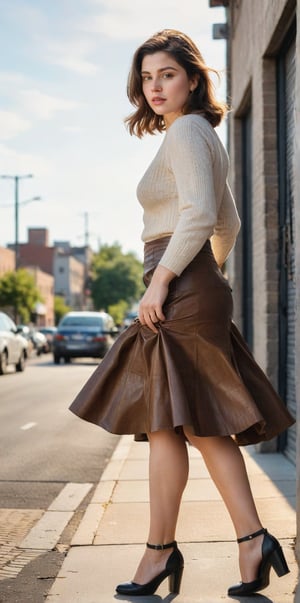 A 21-year-old woman walks confidently outside on a sun-kissed day. The camera captures her from the side and rear views, showcasing the skirt's texture and the way it hugs her curves. Earthy tones dominate the frame, with warm lighting casting a flattering glow. Her figure is accentuated by the cinematic composition, with the leather skirt taking center stage.,Indian