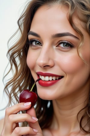 Portrait of a beautiful blonde woman with accentuated red lips, delicately holding a ripe cherry in teeth, on a white background. Hyper-realistic digital photography style, sharp emphasis on facial features and cherries. Soft, even lighting, emphasizing the texture of the skin and the glossy surface of the cherry. Subtle highlights in the eyes to add depth. High-resolution detailing of skin pores, lip texture and cherry fruit. A slight depth of field effect to separate the subject from the background. Color correction to emphasize the contrast between the red lips, cherry and white background. The aesthetics of a professional studio shoot with impeccable composition, captured on Kodak Portra 800,, zaya,raw_photo