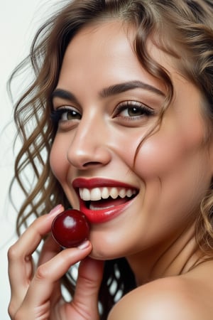 Portrait of a beautiful blonde woman with accentuated red lips, delicately holding a ripe cherry in teeth, on a white background. Hyper-realistic digital photography style, sharp emphasis on facial features and cherries. Soft, even lighting, emphasizing the texture of the skin and the glossy surface of the cherry. Subtle highlights in the eyes to add depth. High-resolution detailing of skin pores, lip texture and cherry fruit. A slight depth of field effect to separate the subject from the background. Color correction to emphasize the contrast between the red lips, cherry and white background. The aesthetics of a professional studio shoot with impeccable composition, captured on Kodak Portra 800,, zaya,raw_photo