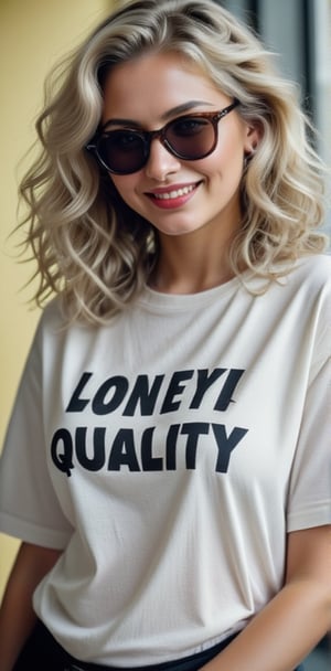 1woman,28 years old,smiling,white long hair,green eyes,round sunglasses,white open t-shirt,(((on the t-shirt,loneyl)))writes(best quality,high level :),(vibrant colors,colour :), (bokeh),(full length portraits), (studio lighting),(ultra fine image),(sharp) focus),(highly detailed eyes, body and face),(detailed lips),(beautiful detailed eyes),( long eyelashes)