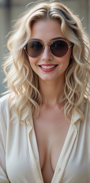 1woman,28 years old,smiling,white long hair,green eyes,round sunglasses,white open t-shirt,(((on the t-shirt,loneyl)))writes(best quality,high level :),(vibrant colors,colour :), (bokeh),(full length portraits), (studio lighting),(ultra fine image),(sharp) focus),(highly detailed eyes, body and face),(detailed lips),(beautiful detailed eyes),( long eyelashes)