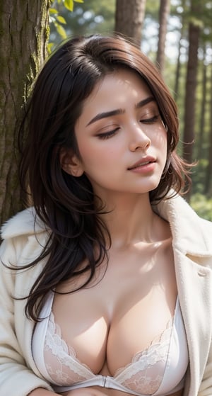 (best detailed), (best lighting), (ultra-detailed), (best quality), (snow_woodland_background), close up of beautiful 36 years old indian woman leaning back with both arms above head, unbuttoned_white_fur_coat, black_satin_bra, absolute_cleavage, long_wavy_hair, large_breasts, pleasured_expression:1.8, eyes_nearly_closed, head_tilted_back, heavy_breathing