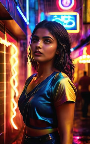 shot of a fiery-eyed Indian woman, her dark hair whipping around her face as she scowls at the camera. Midriff exposed ,  ((hand pointing to viewers)), Framed by a dimly lit alleyway's neon signs and rain-soaked pavement, the gritty atmosphere heightens the tension in her gaze. Her beauty is tempered by anger, her full lips pursed in a snarl as she confronts the unknown. Cinematic photography captures every nuance of her expression, inviting the viewer to step into her world.