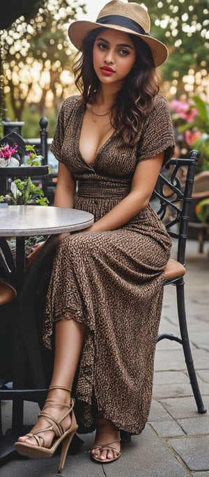 A stunning young woman with a boho-chic style sitting at an outdoor café, enjoying a peaceful afternoon. She is dressed in a flowing, floral-patterned maxi dress with intricate lace details, complemented by layered jewelry and a wide-brimmed hat. Her wavy hair cascades over her shoulders, and she wears light makeup with natural tones. The setting is a charming outdoor patisserie, surrounded by greenery, small round tables, and vintage chairs. The lighting is soft and warm, capturing the golden hour, and emphasizing the soft glow on her skin and the delicate details of her outfit. The camera uses a medium shot with a 35mm lens, focusing on the relaxed, carefree mood, and the subtle elegance of her boho-chic style. High-definition image with a 4K resolution, with bokeh effects in the background to softly blur the surrounding café and trees, highlighting the subject’s presence