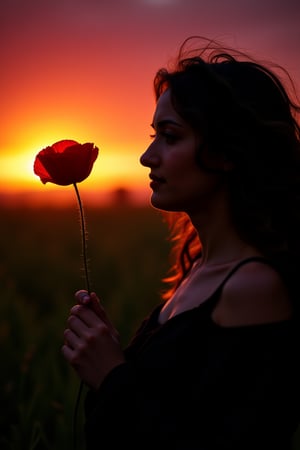 A cinematic, striking portrait of a woman in deep contemplation, tenderly holding a single poppy that symbolizes the enduring memory of her lost love. Her profile is illuminated by the setting sun, casting a silhouette against the skyset, which is ablaze with vibrant hues of red, orange, and purple. A soft green hue adds depth to the scene. A gentle breeze rustles the leaves, setting them in motion, and adding a layer of melancholic grace to the picture. This poignant image captures the essence of love, loss, and the passage of time, creating an unforgettable cinematic moment.