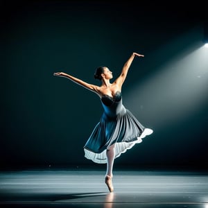 A well-trained ballet dancer in mid-spin on a stage, spotlight illuminating her graceful form. The dancer's arms are extended elegantly, one slightly higher than the other, with pointed toes and a fluid, flowing skirt. The stage is dimly lit with a subtle backdrop of a curtained theater, emphasizing the dancer's isolated movement under the focused light.