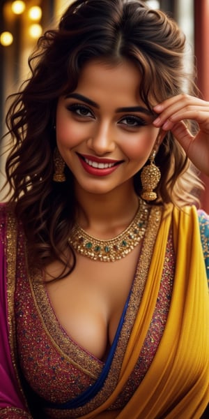 A stunning shot of a beautiful bbw woman adorned in a vibrant multicolor lehenga, with a radiant smile that illuminates the golden hues surrounding her. The camera captures a close-up frame, highlighting the intricate details of her jewelry: delicate chains, sparkling rings, and a dazzling necklace that complements the colors of her attire.