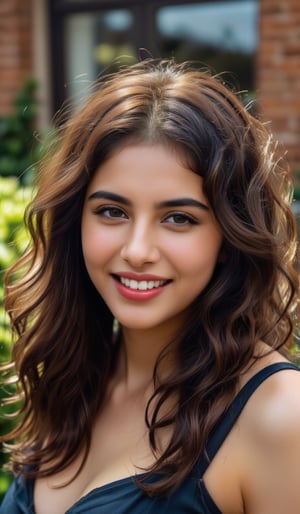 A 35mm frame captures Kalyani Priyadarsh's radiant smile as she stands outdoors, surrounded by lush green bushes and a brick building's rustic charm. Her soft, wavy brown hair caresses her cheeks. The natural light illuminates her porcelain complexion, accentuating her elegant features. Her eyes sparkle with warmth, drawing the viewer in. Notice the gentle curve of her lips and the subtle definition of her eyebrows. A hint of transparency reveals a glimpse of her navel, adding an air of mystique to her allure. The camera's lens is unobstructed, allowing for a crisp, realistic rendering, inviting the viewer to step into this captivating scene.