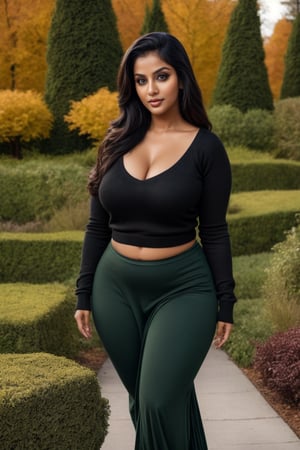 Lovely cute 36 years old young attractive indian  girl, 36 years old, cute model, long black_hair, black  hair, They are wearing a green sweater, and she is a garden, good fit curvy body

