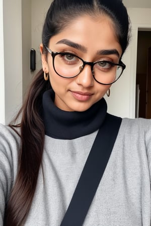 Mallu, 1girl, 32yo, solo, twin tail ponytail, two bun , long hair, looking at viewer, black open hair, jewelry, turtle neck sweater, yellow, short trouser, morden dress, upper body, navel, , earrings, eye glasses, black eyes, lips, hoop earrings, realistic,mallu,  