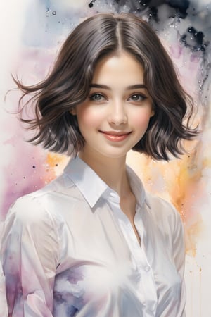 ek_art_b00ster, a pencil sketch of beautiful student model in pastel art blended with alcohol ink style, dark bob hair, kind smile, a mesmerizing beautiful face, pearl white elegant shirts, unreal engine rendering, masterpiece, best quality