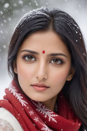 a young woman, cute, 36 years old,indian girl, staring into space, black hair, brown eyes, red scarf, snowing, realistic, realistic skin texture,Indian Model