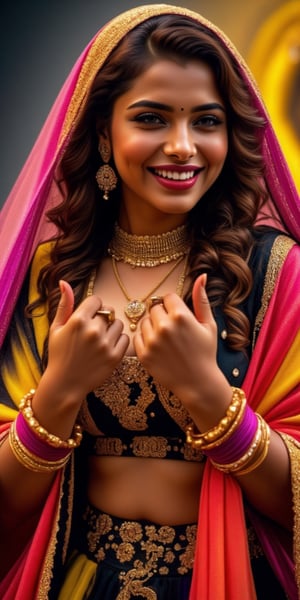 A stunning shot of a beautiful bbw woman adorned in a vibrant multicolor lehenga, with a radiant smile that illuminates the golden hues surrounding her. The camera captures a close-up frame, highlighting the intricate details of her jewelry: delicate chains, sparkling rings, and a dazzling necklace that complements the colors of her attire.