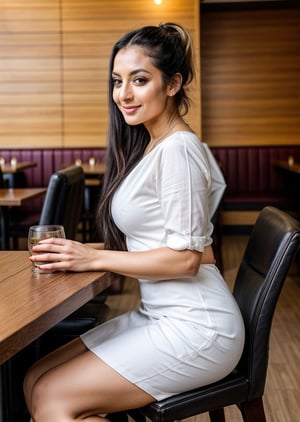  beautiful cute young attractive girl 32 year old, cute, instagram model, long black hair, black eyes, sitting on chair in a resturant, full_body, full confident, exotic beauty, full of attitude, wearing white office dress, pony_tail, feeling happy.
