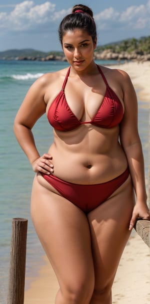 A young attractive realistic instagram curvy figure model, wearing a very sexy red bikni,and showing  his attractive and lusty look.