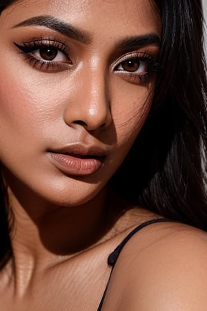 Portrait, close-up of a sexy Indian model, indian girl, eye makeup, lusty, ultra-realistic, portrait, shot on a Sony A7III, high quality 