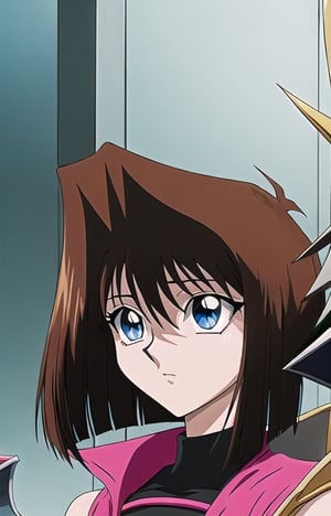 Seto kaiba duel monsters hair brown, blue eyes, white long sleeveless coat , shoulder pads , black sleeves, seto, duel monsters